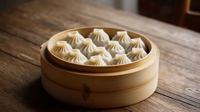 Steamed dumplings arranged in a bamboo steamer on a rustic wooden table. the elegant folds and steaming hot presentation highlight the artistry of traditional asian cuisine and make it a perfect subje