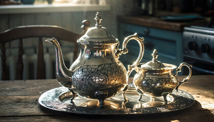 Elegant vintage silver tea set with ornate engravings on a rustic wooden table, bathed in warm, ethereal light.