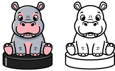 A vector illustration of a cute cartoon hippo mascot perched on a circular base A coloring book character set featuring a happy hippopotamus with both black and white outlines