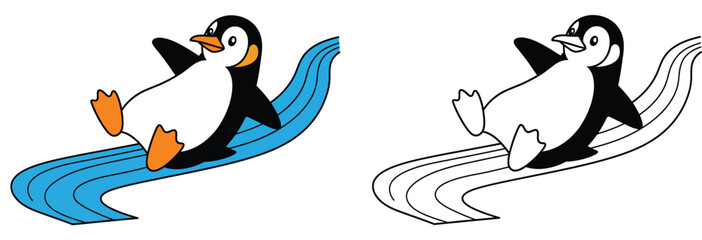 Cute cartoon penguin sliding on belly vector illustration set Happy aquatic bird character playing on ice slide Colored and outline design isolated on white background for coloring book © AbuNazam