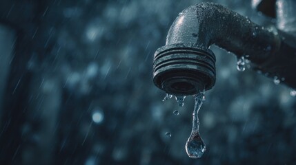 Close-Up of a Dripping Water Faucet in a Dark Environment with Blurred Rain Background and Water Droplets