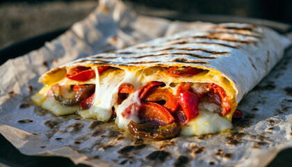 Appetizing grilled flatbread bursting with gooey melted cheese and colorful roasted vegetables, presented on parchment.