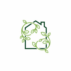 Eco-Friendly Home with Green Leafy Vine Outline Logo.