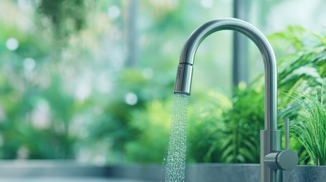 Modern Stainless Steel Faucet with Water Flowing in a Lush Green Environment of Indoor Plants and Natural Light
