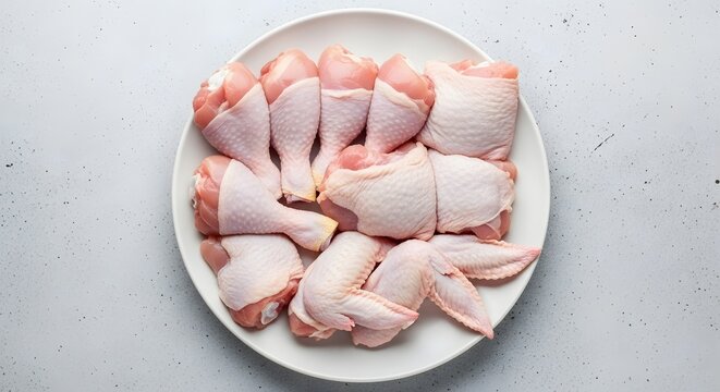 Assortment of raw chicken pieces on a white platter isolated on white background