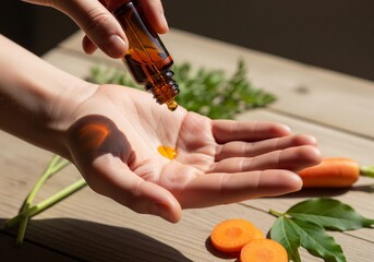 Hands applying natural carrot oil from glass bottle 