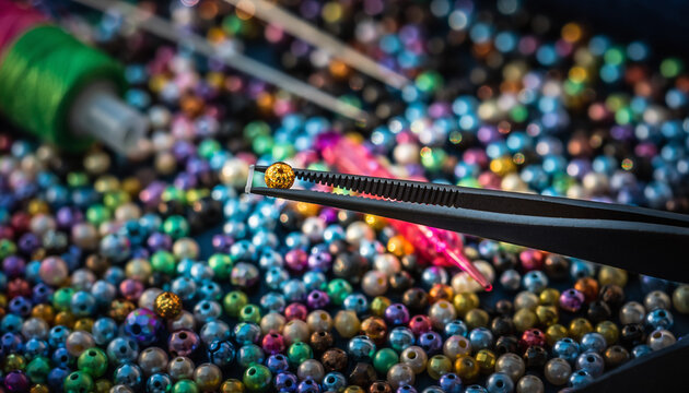 Precision tweezers hold a unique golden bead among a vibrant mix of colorful craft beads. It signifies careful selection, creative focus, and craftsmanship in jewelry making or DIY projects. - Powered by Adobe