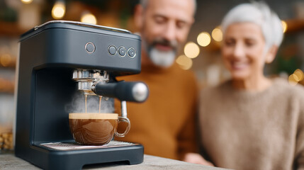 Mature caucasian couple enjoying freshly brewed coffee from modern espresso machine