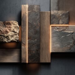 Abstract Architectural Composition of Stone and Wood with Glowing Light Lines