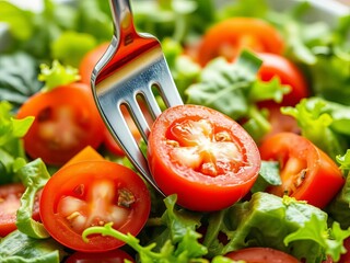 Fork piercing ripe tomato in vibrant green salad, symbolizing nutritious eating and a healthy lifestyle,  diet,  salad