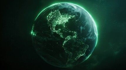 Glowing Earth with Green Light Effects Depicting North and South America in Cosmic Space Environment