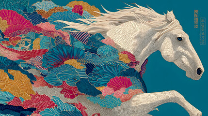 和柄の中を駆ける午が新年を告げる、2026年の年賀状にぴったりな和風イラスト。縁起の良いデザインが魅力。