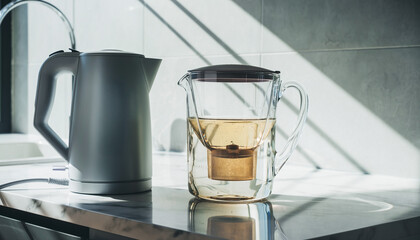 Bright, minimalist kitchen scene with a sleek electric kettle and a glass tea infuser, bathed in natural morning light.