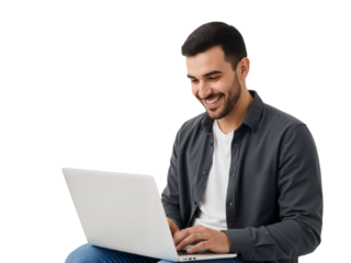 Young Man Smiling at His Laptop – Quiet Joy in Everyday Digital Engagement