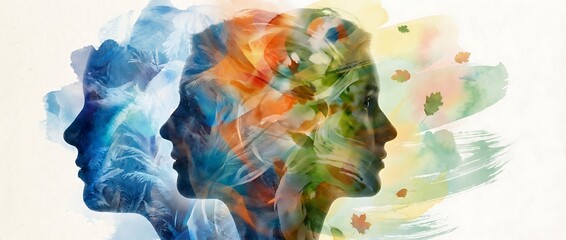 二重露光で創造力とインスピレーションが重なり合う鮮やかな季節色の抽象表現