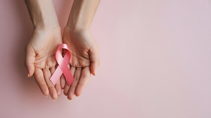 Hands holding pink ribbon breast cancer awareness symbol