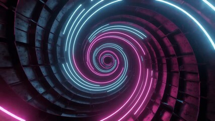 Dynamic abstract neon light spiral tunnel animation creating a mesmerizing futuristic cyberspace journey with glowing pink and blue lines - Powered by Adobe