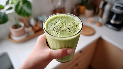 Hand Holding a Freshly Made Green Matcha Latte
