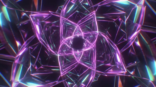 Radiant neon purple geometric flower. Futuristic crystal lotus bloom rotating seamlessly. Hypnotic kaleidoscopic light pattern for abstract and meditative visuals.