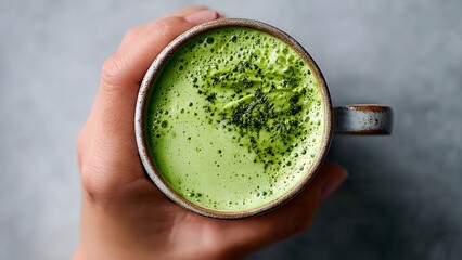 Hand Holding a Freshly Made Matcha Green Tea Latte
