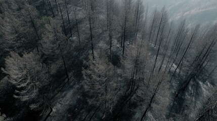 Fototapeta premium Versatile editorial aerial asset of post-wildfire terrain, cool-toned and clear with caption space for diverse reporting