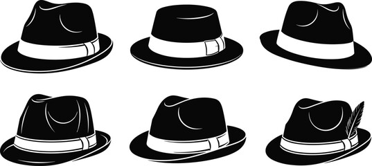 Set of black fedora hat icons, vector silhouettes of retro gentleman caps with ribbons and feathers for gangster, detective, mafia, mystery, and vintage fashion design