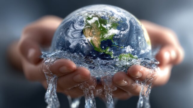 Hands Holding a Globe with Flowing Water Symbolizing Environmental Awareness and Global Responsibility for a Sustainable Future
