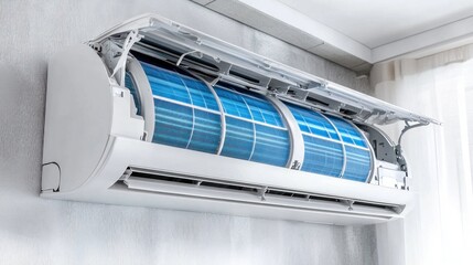 Open Air Conditioner Unit Revealing Blue Filter and Evaporator Coil for Cleaning and Maintenance