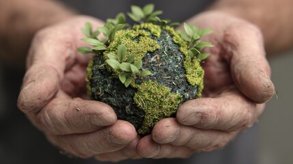 Hands Holding a Small Earth Made of Soil and Green Plants Symbolizing Nature Conservation and Environmental Awareness