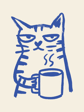 Cat with coffee mug hand drawn line art vector illustration