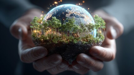 Hands Holding a Transparent Globe with Lush Forest and Sparkling Lights Representing Earth's Environmental Consciousness