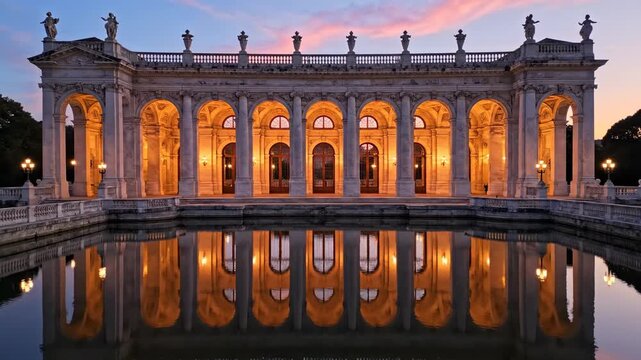 Elevated wide shot capturing the entire facade of an elaborate neoclassical structure featuring repeating archways perfectly mirrored in the large moat at dusk stillness, building, facade
