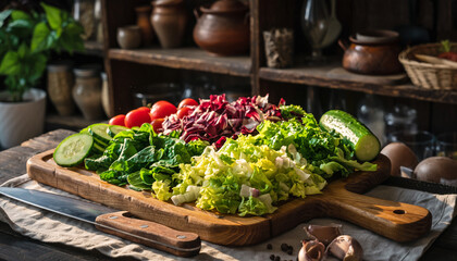 Abundant, freshly chopped vibrant vegetables like crisp lettuce, spinach, tomatoes, and cucumber await on a rustic wooden board, ready for healthy meal preparation.