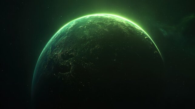 Stunning celestial view of a glowing green planet in deep space with a dark starry background and ethereal light effects