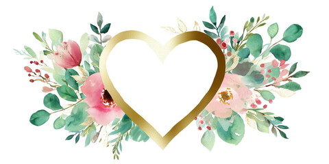 Heart-shaped leaf frame. Watercolor floral wreath made of green foliage and eucalyptus branches. PNG clipart on transparent background.