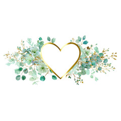 Heart-shaped leaf frame. Watercolor floral wreath made of green foliage and eucalyptus branches. PNG clipart on transparent background.