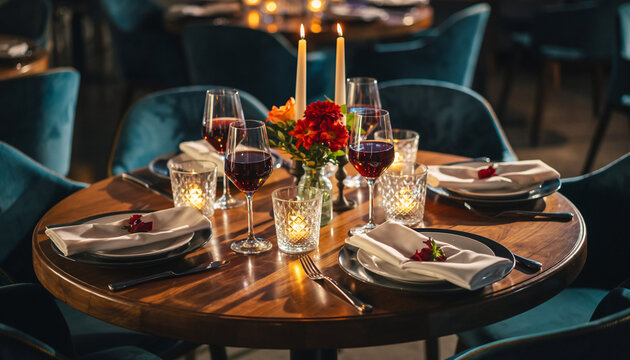 Escena rom&aacute;ntica en restaurante elegante con mesa para dos, copas de vino tinto, velas encendidas y una rosa roja, creando un ambiente &iacute;ntimo y c&aacute;lido ideal para citas y celebraciones especiales.