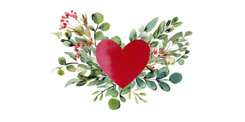 Heart-shaped leaf frame. Watercolor floral wreath made of green foliage and eucalyptus branches. PNG clipart on transparent background.