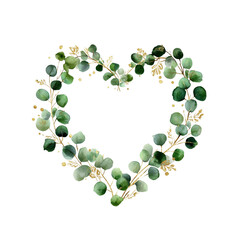 Heart-shaped leaf frame. Watercolor floral wreath made of green foliage and eucalyptus branches. PNG clipart on transparent background.