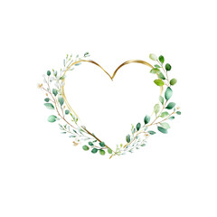 Heart-shaped leaf frame. Watercolor floral wreath made of green foliage and eucalyptus branches. PNG clipart on transparent background.