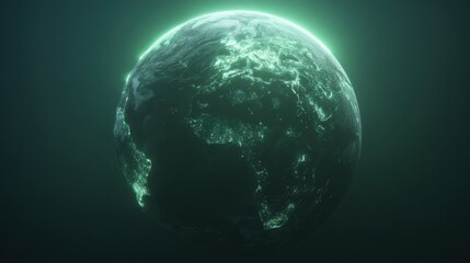 Vibrant Earth with Glowing Lights Against Dark Background, Scientific Visualization of Planet with Neon Green Effect