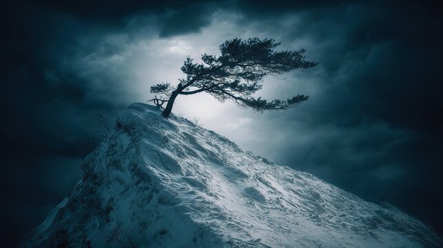 Landscape photography of a lone pine on a snowy peak, dramatic side light highlighting texture and silhouette in sharp detail