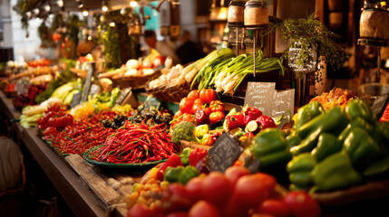 A vibrant array of fresh produce, including peppers, tomatoes, and leafy greens, is beautifully displayed at a bustling market stall overflowing with colors and textures.