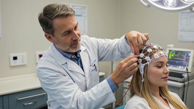 A healthcare professional adjusts an EEG cap on a patient in a medical setting, assessing brain activity