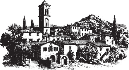 Black and white vintage engraving of a village landscape. It features classic architecture and trees in this vector illustration.