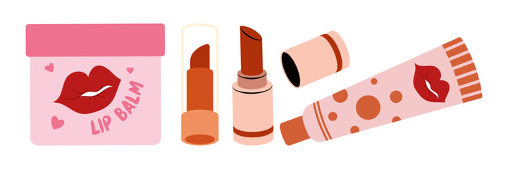 Cosmetic Products Icons Set. Colorful symbols with lipstick, mascara, moisturizer, eye shadow palette, and serum. Beauty and makeup