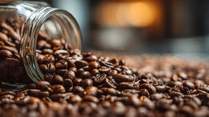 Fresh Roasted Coffee Beans Spilling from a Glass Jar
