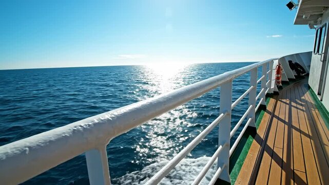 Empty ferry deck railing perspective shot overlooking the tranquil blue horizon and expansive open sea, swaying gently with the ocean rhythm reflection, emptyspace, wide