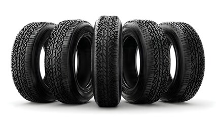Five Black Car Tires Lined Up on White