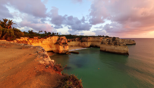 A dramatic tropical gorge at sunset, with limestone cliffs glowing warm orange over turquoise ocean waters and a secluded sandy beach under a colorful sky. - Powered by Adobe
